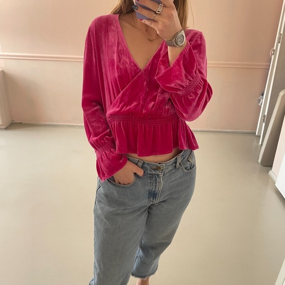 Intermix Tops - Intermix Velvet Peplum Faux Wrap Blouse Top Pink Petite